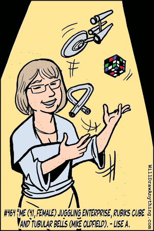 Me juggling Enterprise, Rubik's Cube and Tubular Bells.